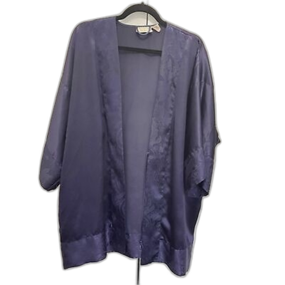 Victorias Secret VINTAGE VTG Kimono Robe Open Front Navy Blue Floral Gold Label